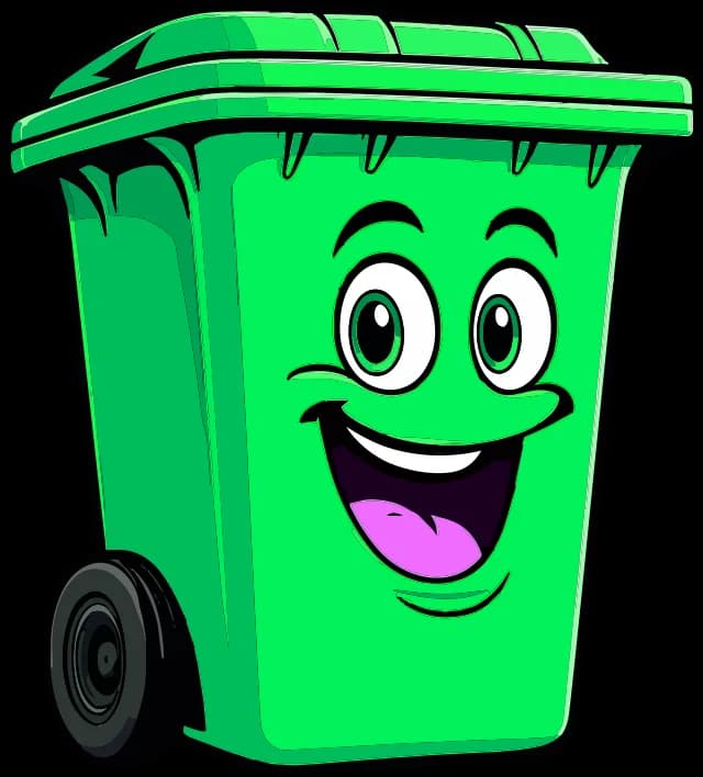 Illustration of the same green trash cart after cleaning and sanitising
