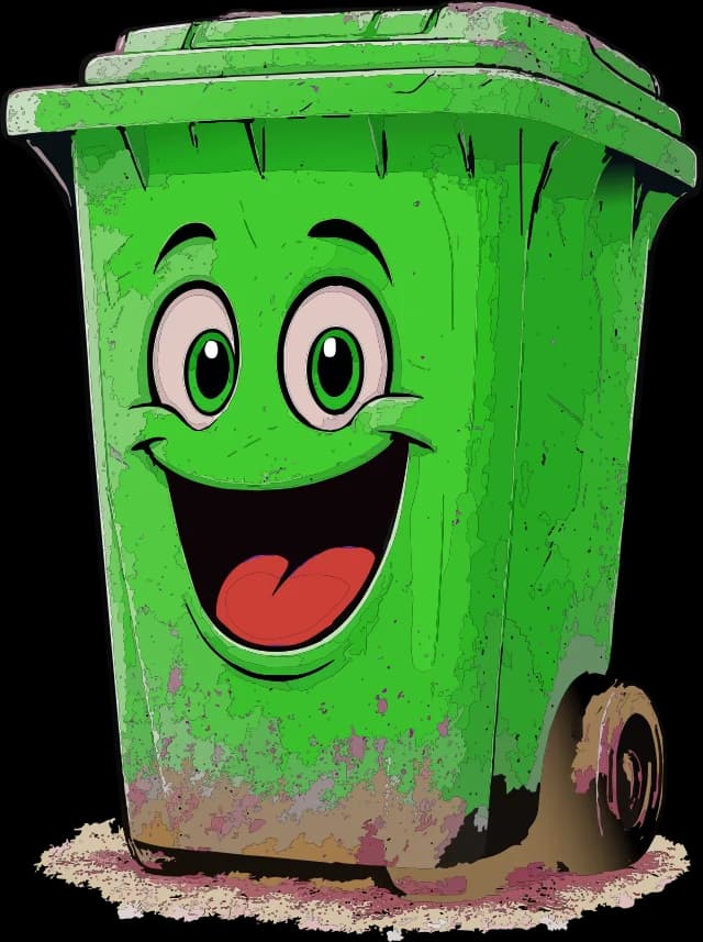 Illustration of a green trash cart with heavy residue inside and out